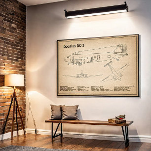 Poster Douglas DC-3 - Planos de Desenho de Esquema de Avi