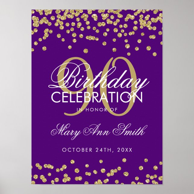 Poster Dourada 90 Birthday Glitter Confetti Roxo (Frente)