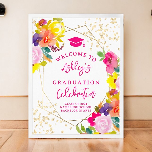 Poster Dourada brilho boho bold graduação floral bem-vind (Gold glitter boho bold floral graduation welcome poster)