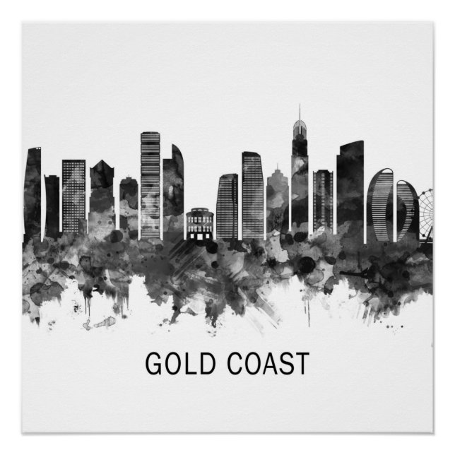 Póster Dourada Costa Austrália Skyline BW (Frente)