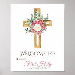 Poster Dourada Cruz Floral Primeira Comunhão Santa
