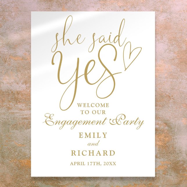 Poster Dourada Ela Disse Sim Festa de noivado Sinal De Bo (Gold She Said Yes Engagement Party Welcome Sign)