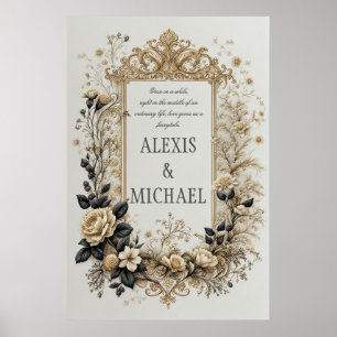 Poster Dourada Elegante e Cinza Floral