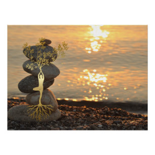 Póster Dourada Garota Silhouette Zen Stones, Sunset, Prai