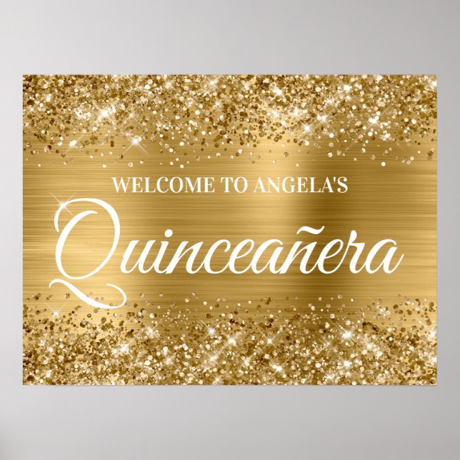 Poster Dourada Glitter e Foil Quinceanera Boas-vindas (Frente)
