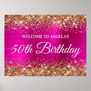 Poster Dourada Glitter Hot Pink Foil 50th Aniversário Bem