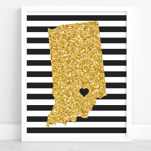 Póster Dourada Glitter Indiana State Black and White Stri