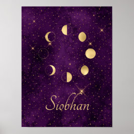 Poster Dourada Lua Fases Estrelas Roxas Personalizadas