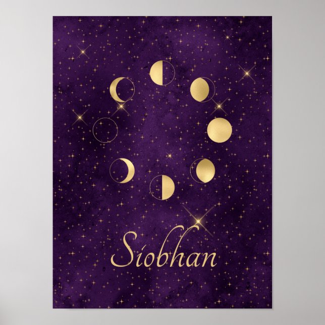 Poster Dourada Lua Fases Estrelas Roxas Personalizadas (Frente)