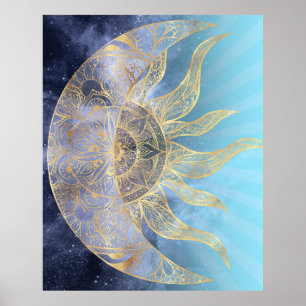 Poster Dourada Lua Sun Mandala Celestial Design