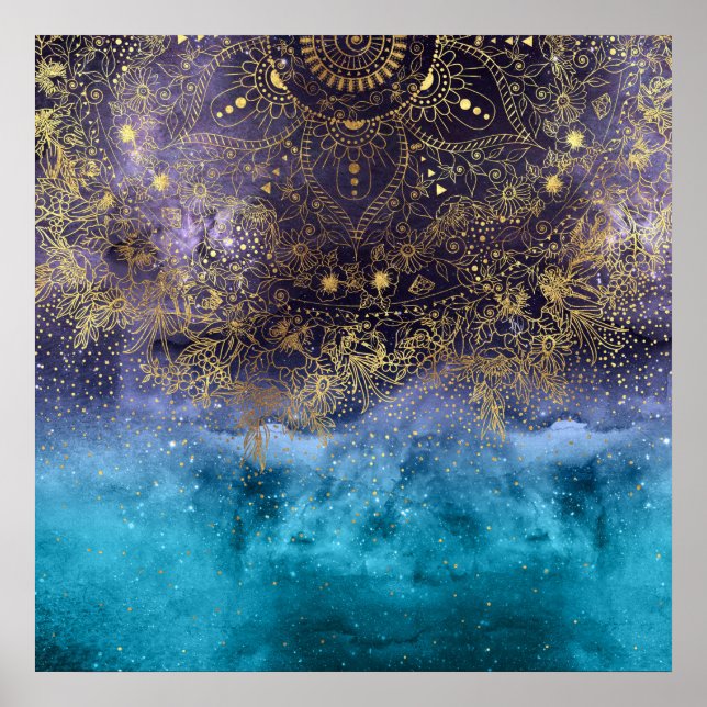 Póster Dourada mandala floral e imagem de confete (Frente)