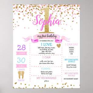 Poster Dourada Menina Rosa Primeiro Marco de Aniversário