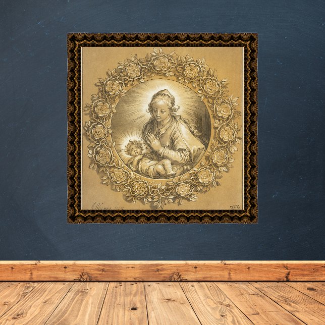 Poster Dourada Natal Cristã Natividade Madonna Criança (Gold Religious Christian Catholic Christmas Nativity Scene Madonna and Child Poster)