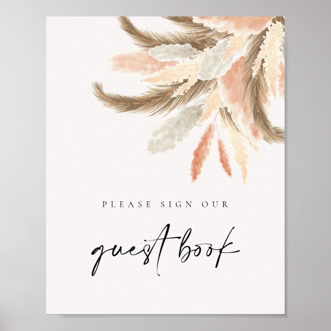 Poster Dourada Pampas Grass Guest Book Wedding Sign C100 (Frente)