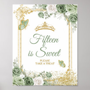 Poster Dourada Quinceañera Sage Green Crown 15 é doce