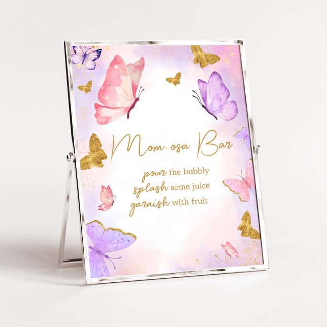 Poster Dourada rosa Chá de fraldas de borboleta roxa Mãe  (Boho Butterfly Baby Shower Mom Osa Bar Sign)