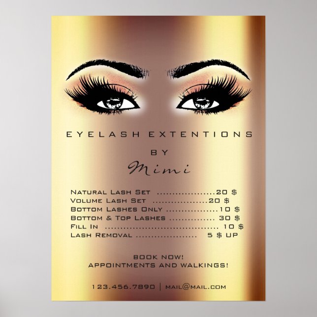 Poster Dourada Rosa de Peach Makeup Artist Lashes Preços (Frente)