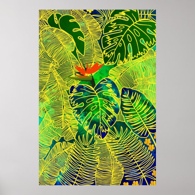 Poster Dourada Tropical Selva Verde Deixa Aquarela (Frente)