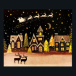 Poster Dourada vila de Natal Deitada Noite de inverno<br><div class="desc">A noite fria perfeita na véspera de Natal com renas voando e puxando Papais noeis e seu trenó. Abaixo,  uma vila aguarda ansiosamente a Rua.</div>