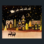 Poster Dourada vila de Natal Deitada Noite de inverno<br><div class="desc">A noite fria perfeita na véspera de Natal com renas voando e puxando Papais noeis e seu trenó. Abaixo,  uma vila aguarda ansiosamente a Rua.</div>