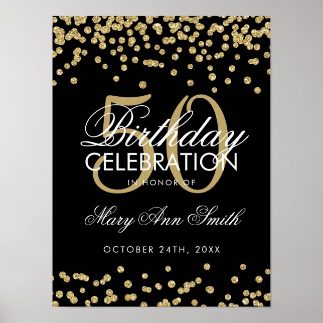 Poster Dourado 50º Aniversário Glitter Confetti Preto (Frente)
