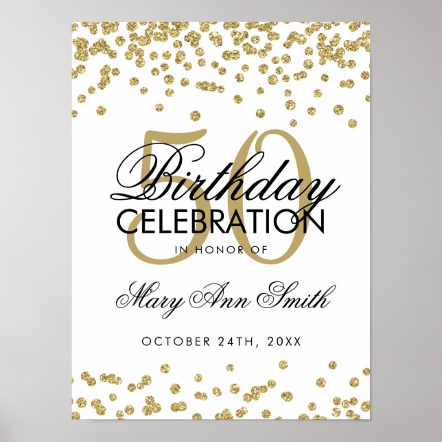 Poster Dourado 50º Aniversário Glitter Confetti White (Frente)