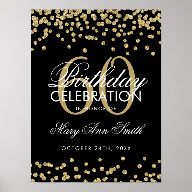 Poster Dourado 60º Aniversário Glitter Confetti Preto (Frente)