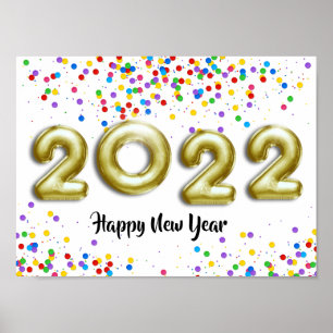 Poster Dourado Ano Novo 2022 Balões Coloridos Confetti