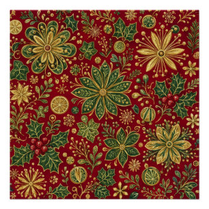 Póster Dourado Antigo Verde Folhas de Natal Botânica de N