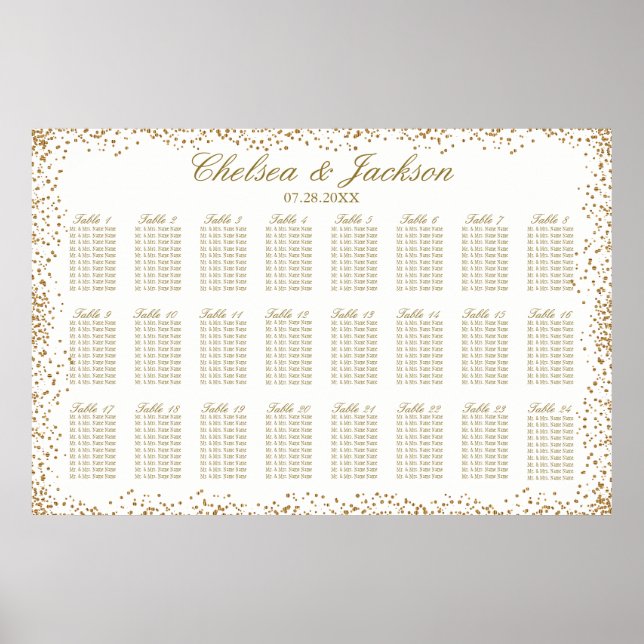 Poster Dourado Confetti e Branco - 24 Gráfico de Assentos (Frente)