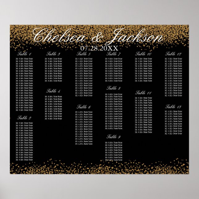 Poster Dourado Confetti e Preto - Gráfico de Assentos 13 (Frente)