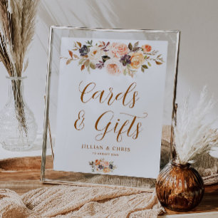 Poster dourado e blush caem cartões florais e sinal de pr