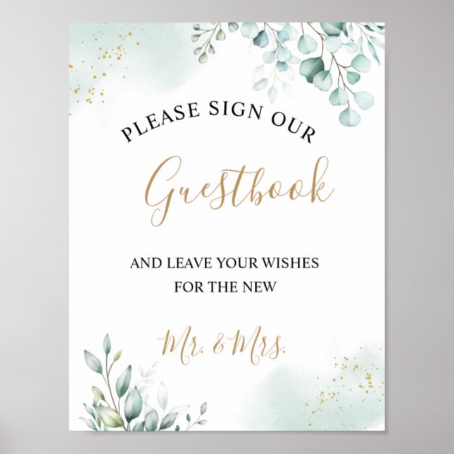 Poster Dourado Eucalyptus deixa Guestbook de Casamento Ve (Frente)