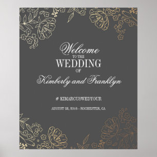 Poster Dourado Floral e sinal de boas-vindas ao Casamento