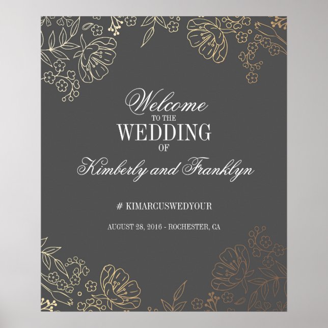 Poster Dourado Floral e sinal de boas-vindas ao Casamento (Frente)