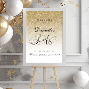 Poster Dourado Glitter Sweet 16 Personalizado Bem-Vindo