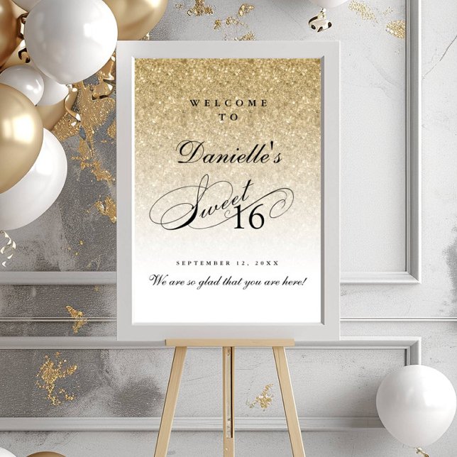 Poster Dourado Glitter Sweet 16 Personalizado Bem-Vindo (Criador carregado)