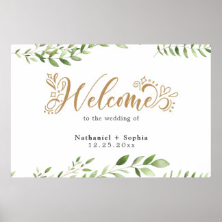 Poster Dourado Greenery Watercolor Sinal de Boas-vindas