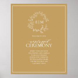Poster Dourado Leafy Crest Monograma de Casamento Unpluga