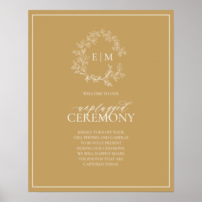 Poster Dourado Leafy Crest Monograma de Casamento Unpluga (Frente)