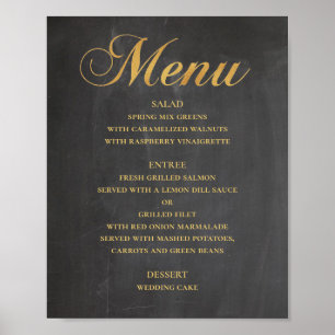 Poster Dourado menu de janto de casamento. Chalkboard ele