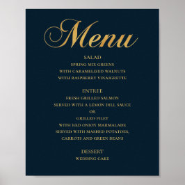 Poster Dourado menu de janto de casamento. Marinho elegan