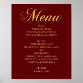 Poster Dourado menu de janto de casamento. Maroon elegant