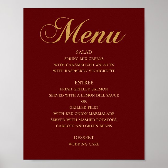 Poster Dourado menu de janto de casamento. Maroon elegant (Frente)