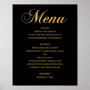 Poster Dourado menu de janto de casamento. Preto elegante