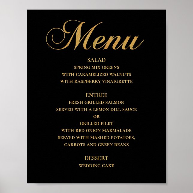 Poster Dourado menu de janto de casamento. Preto elegante (Frente)