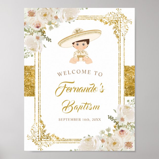 Poster Dourado mexicano Fiesta Boy Baptism bem-vindo (Frente)