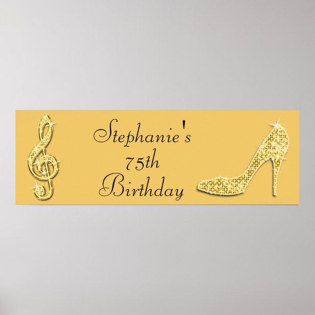 Póster Dourado Music Note e Stiletto 75th Birthday (Frente)