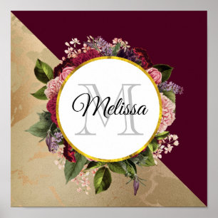 Poster Dourado padrão de mármore e monograma de florais b