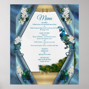 Poster Dourado, Penas Peacock na Emerald Green Silk